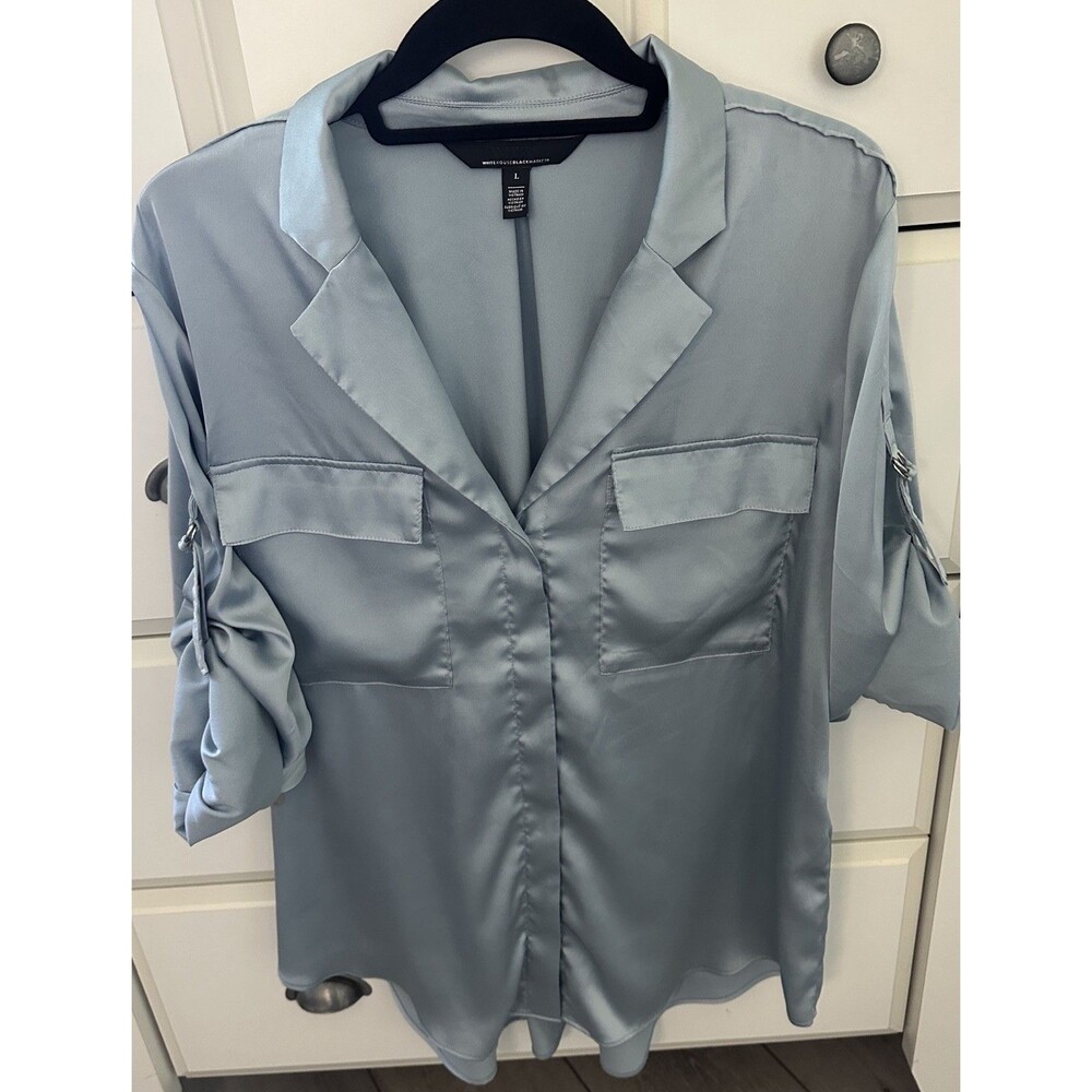 White House Black Market Blue Satin Utility Soft Shirt Tie Sleeve Blouse L